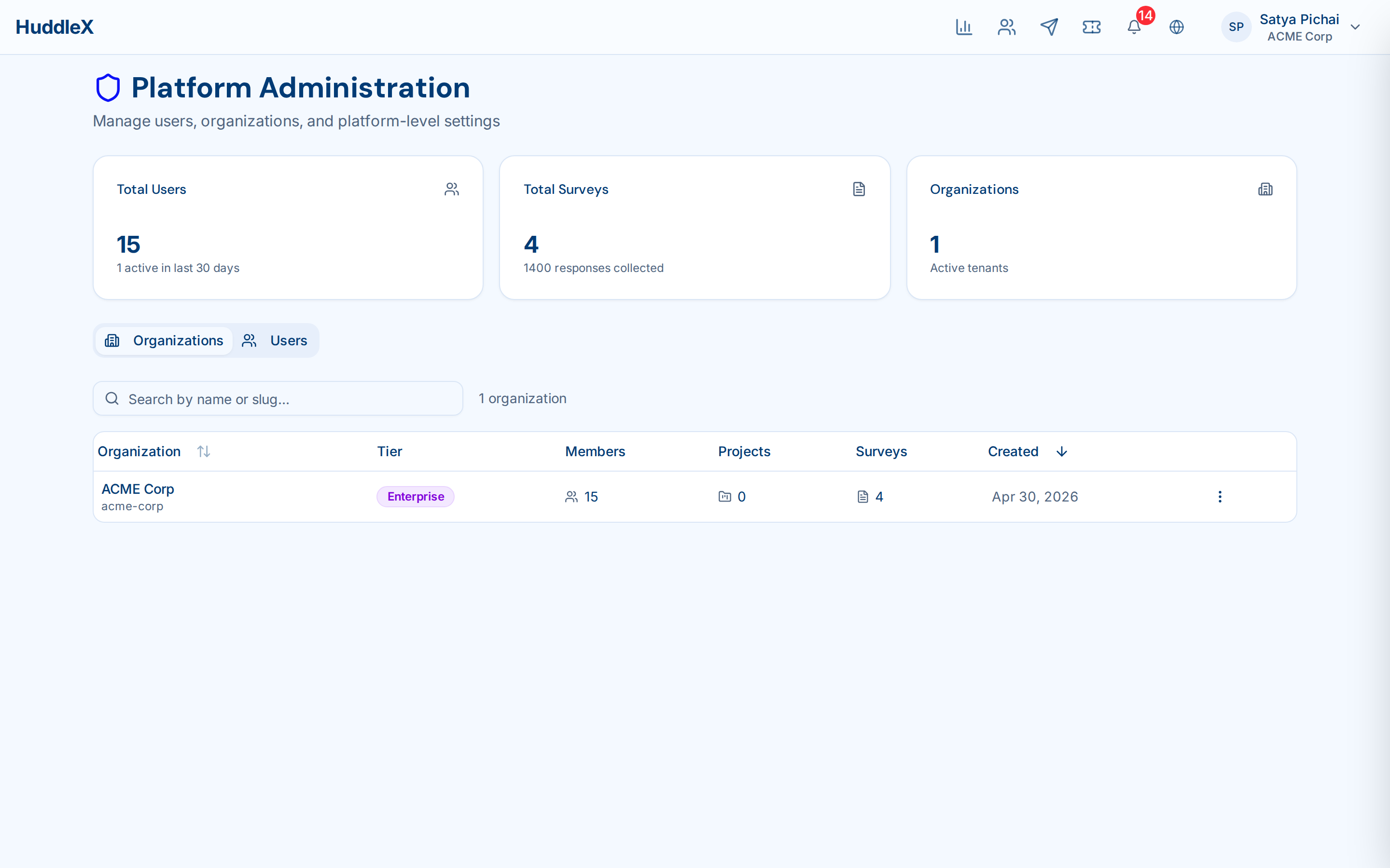 Platform admin with user management and statistics — Admin panel