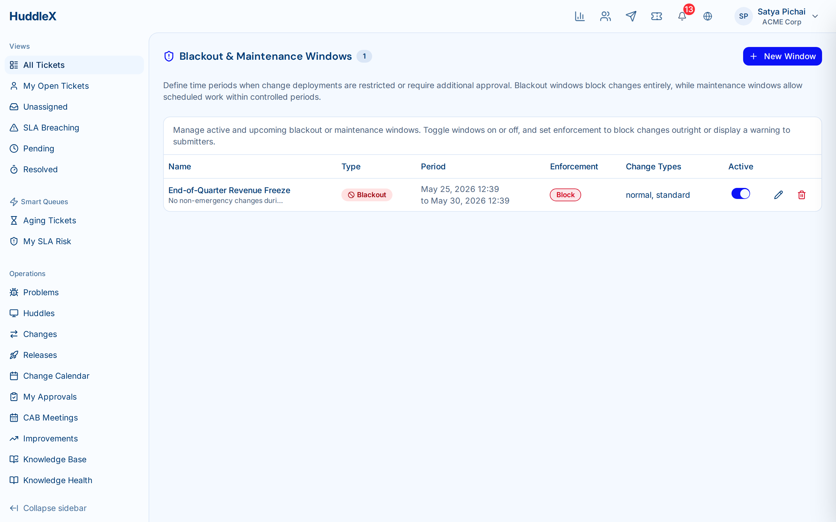 Change management with approval workflow and CAB meeting — Blackout windows