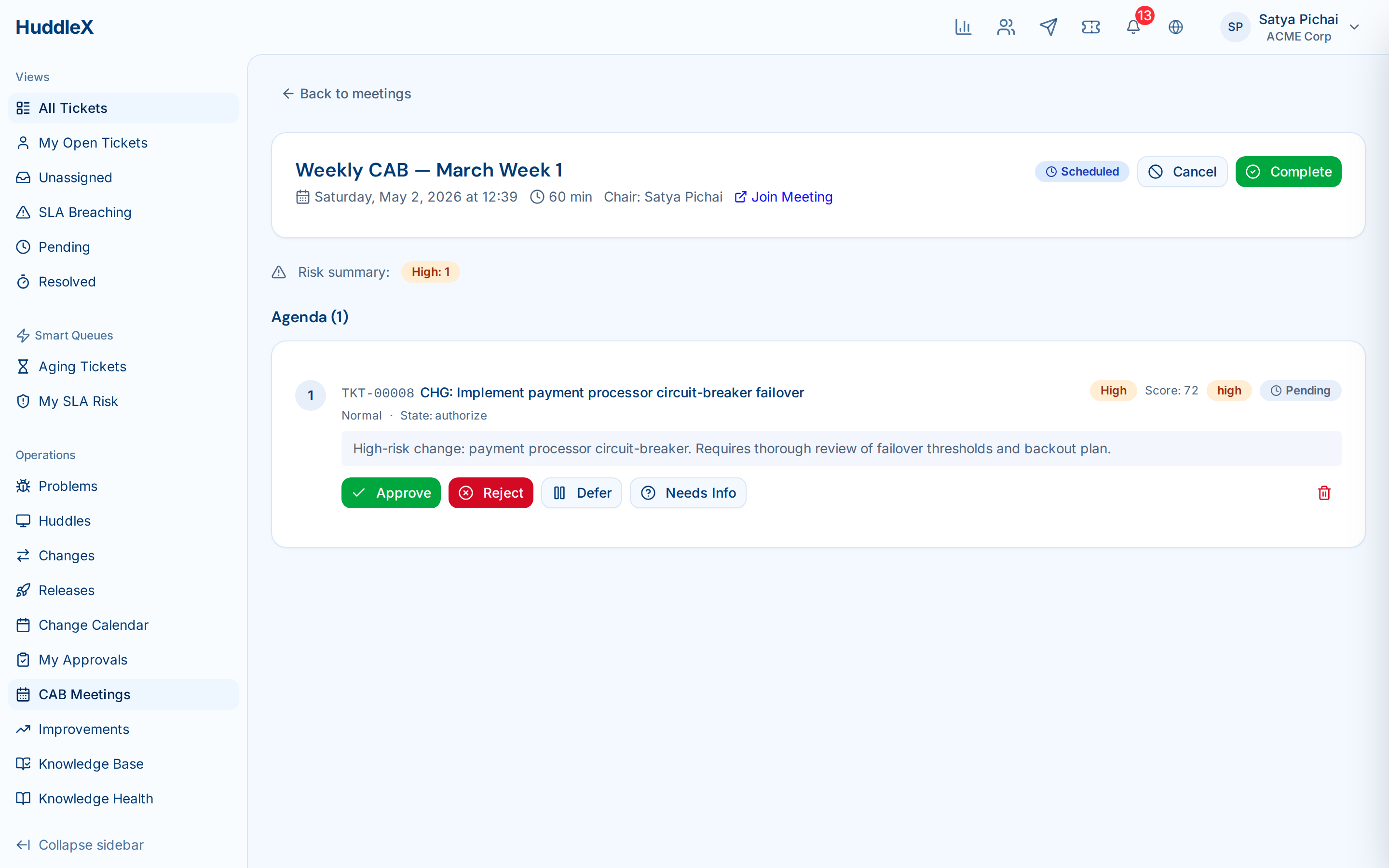 Change management with approval workflow and CAB meeting — CAB meeting