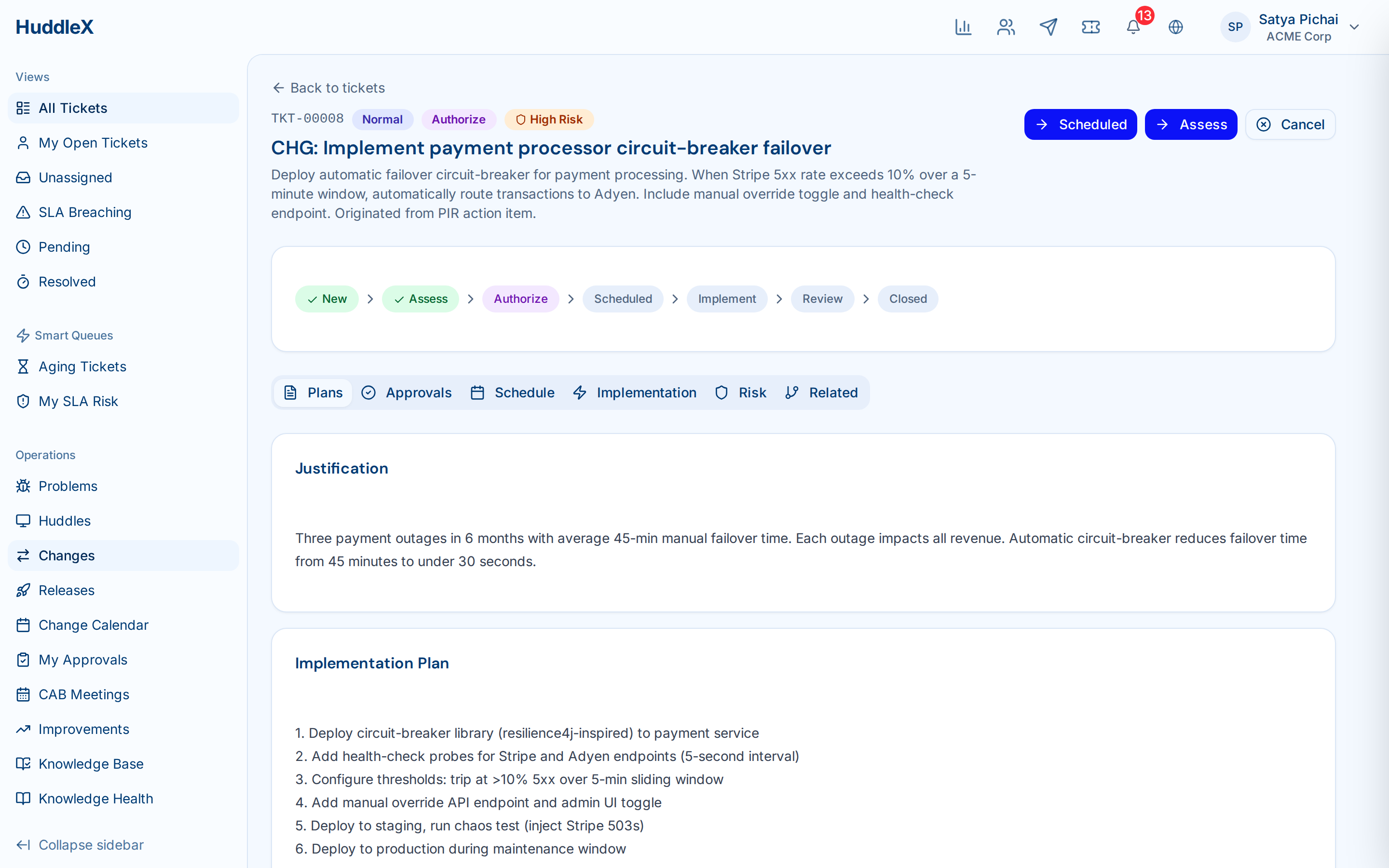 Change management with approval workflow and CAB meeting — Change detail