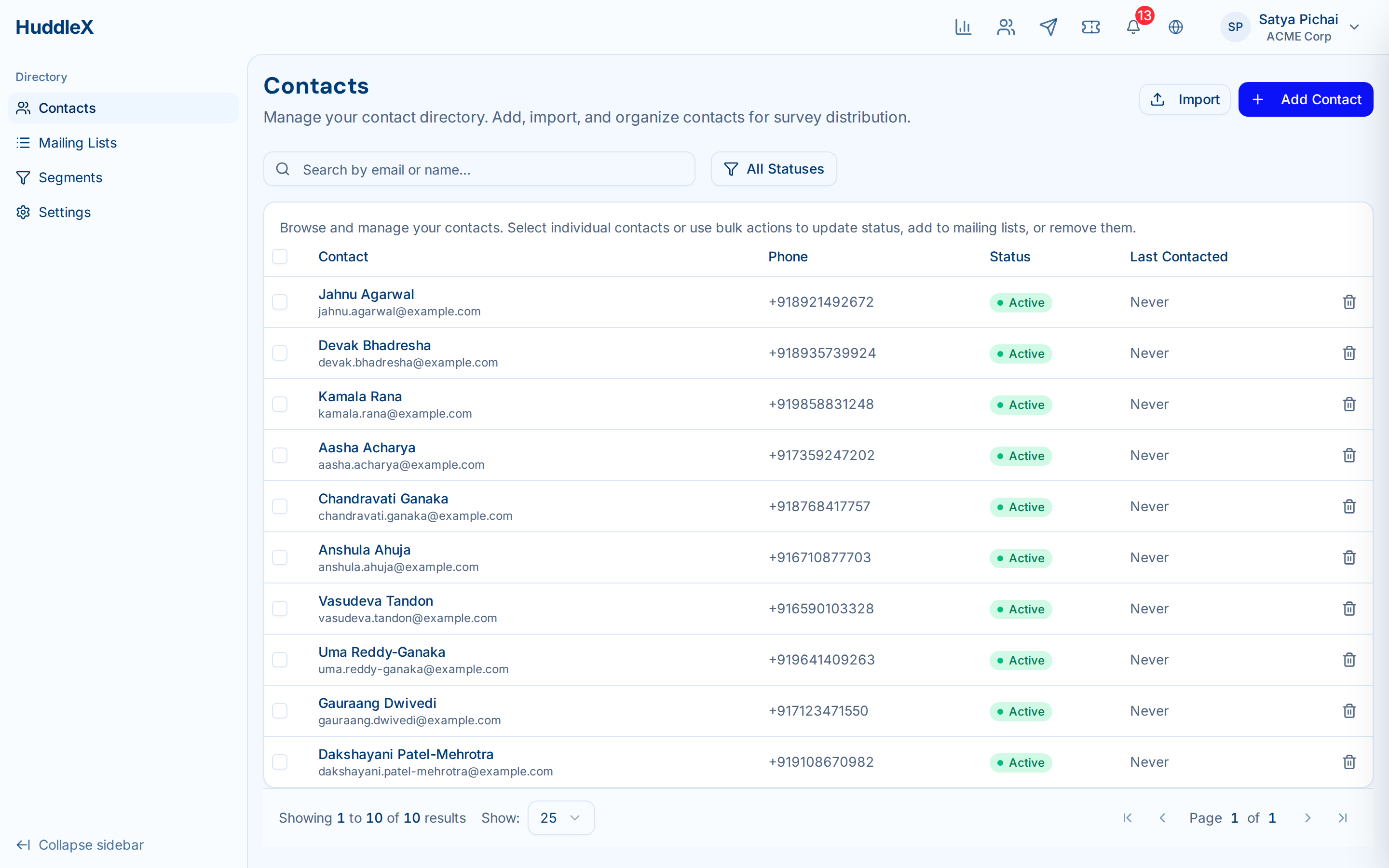 Contact directory with segments and mailing lists — Contact directory