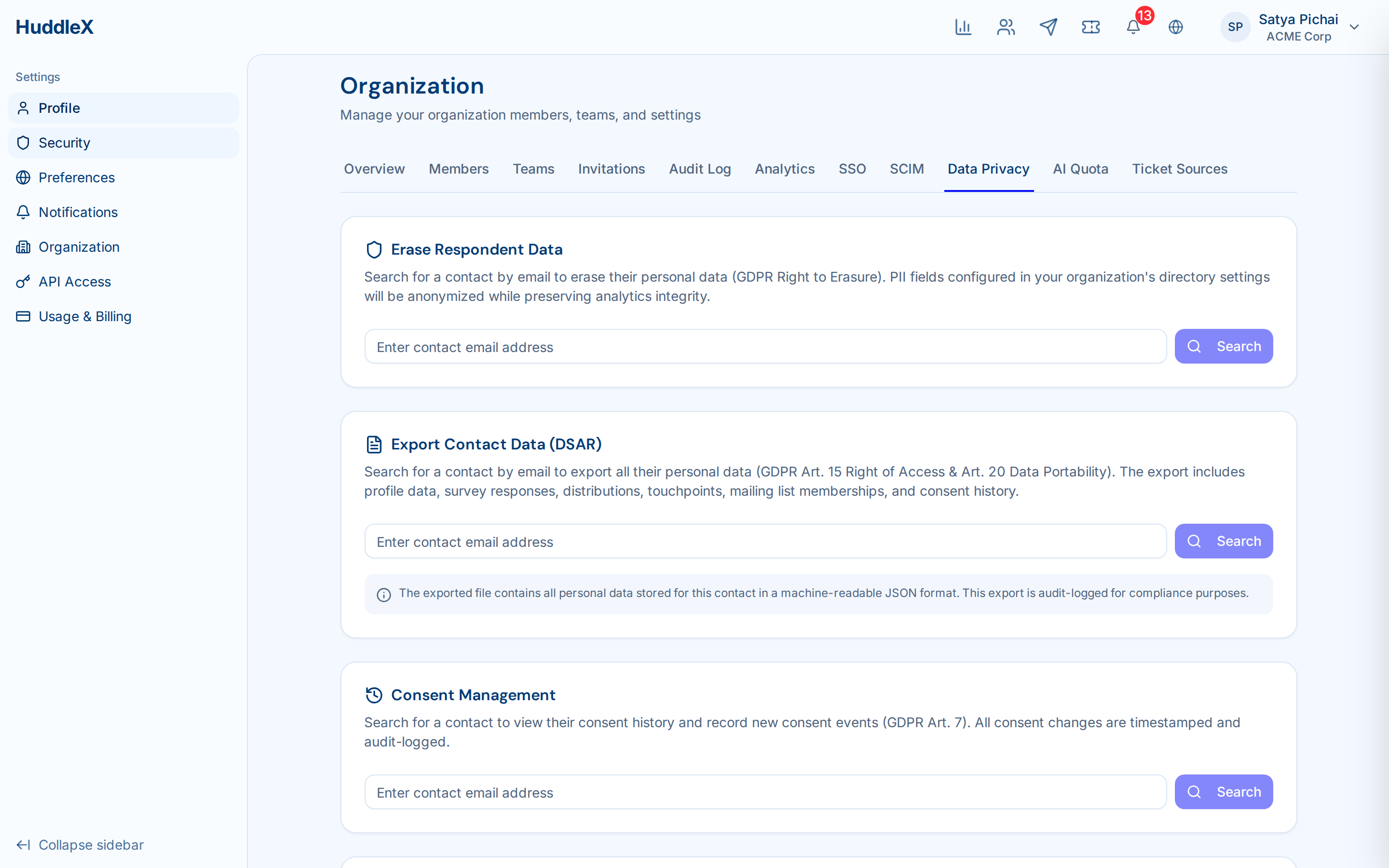 GDPR compliance dashboard with erasure requests — Data privacy settings
