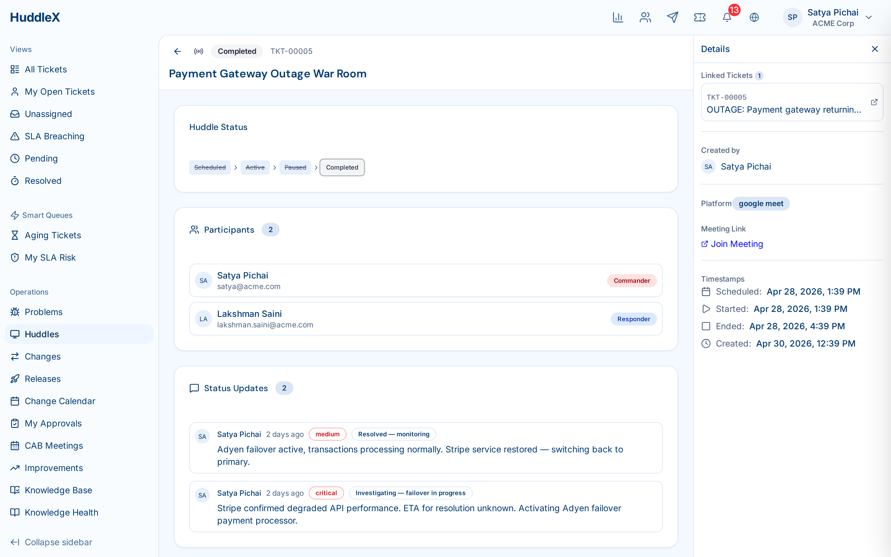 Huddle board interface for team alignment and operational tracking