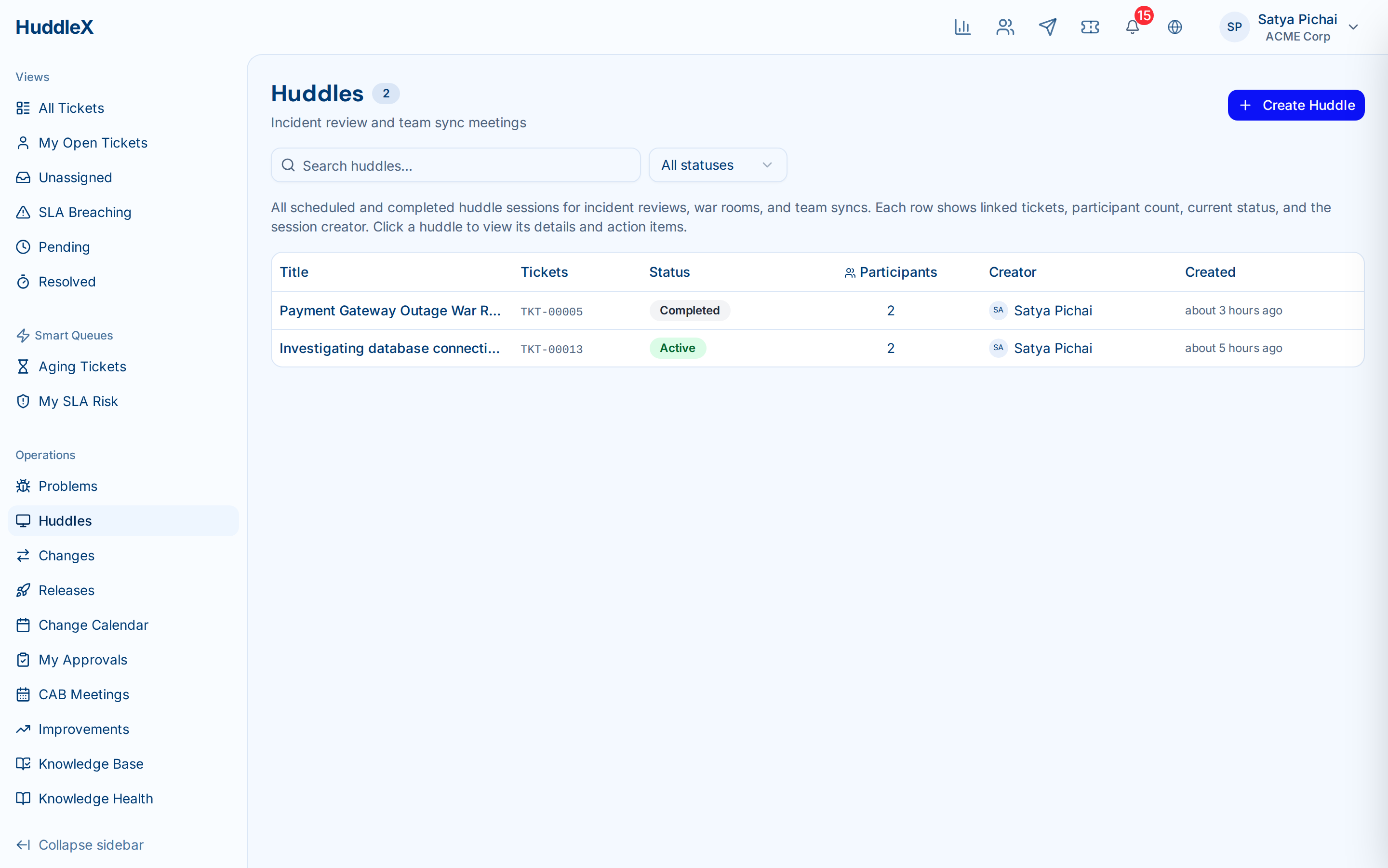 Huddle war room with participants and action items — Huddle list