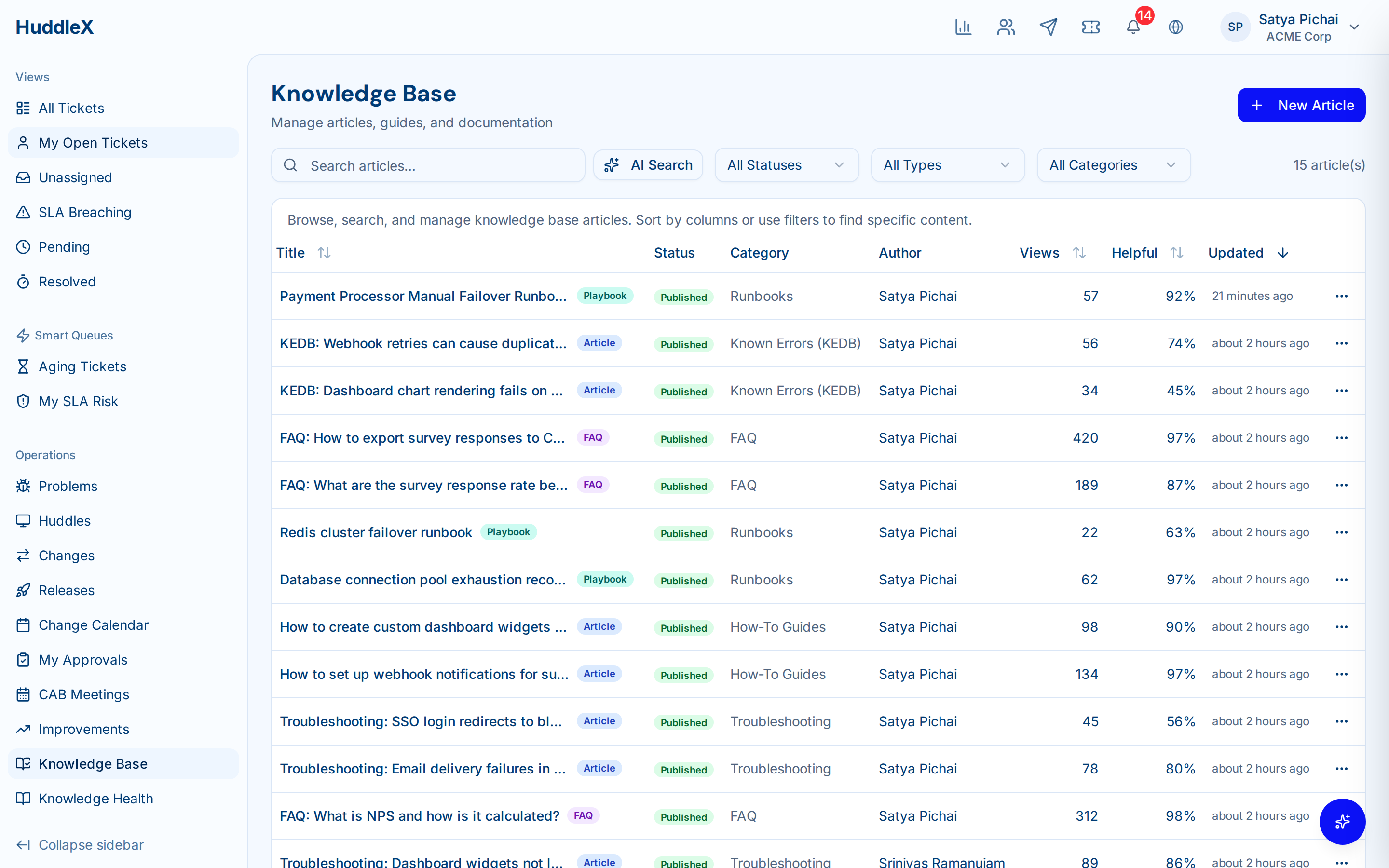 Knowledge base with articles and AI suggestions — Article list