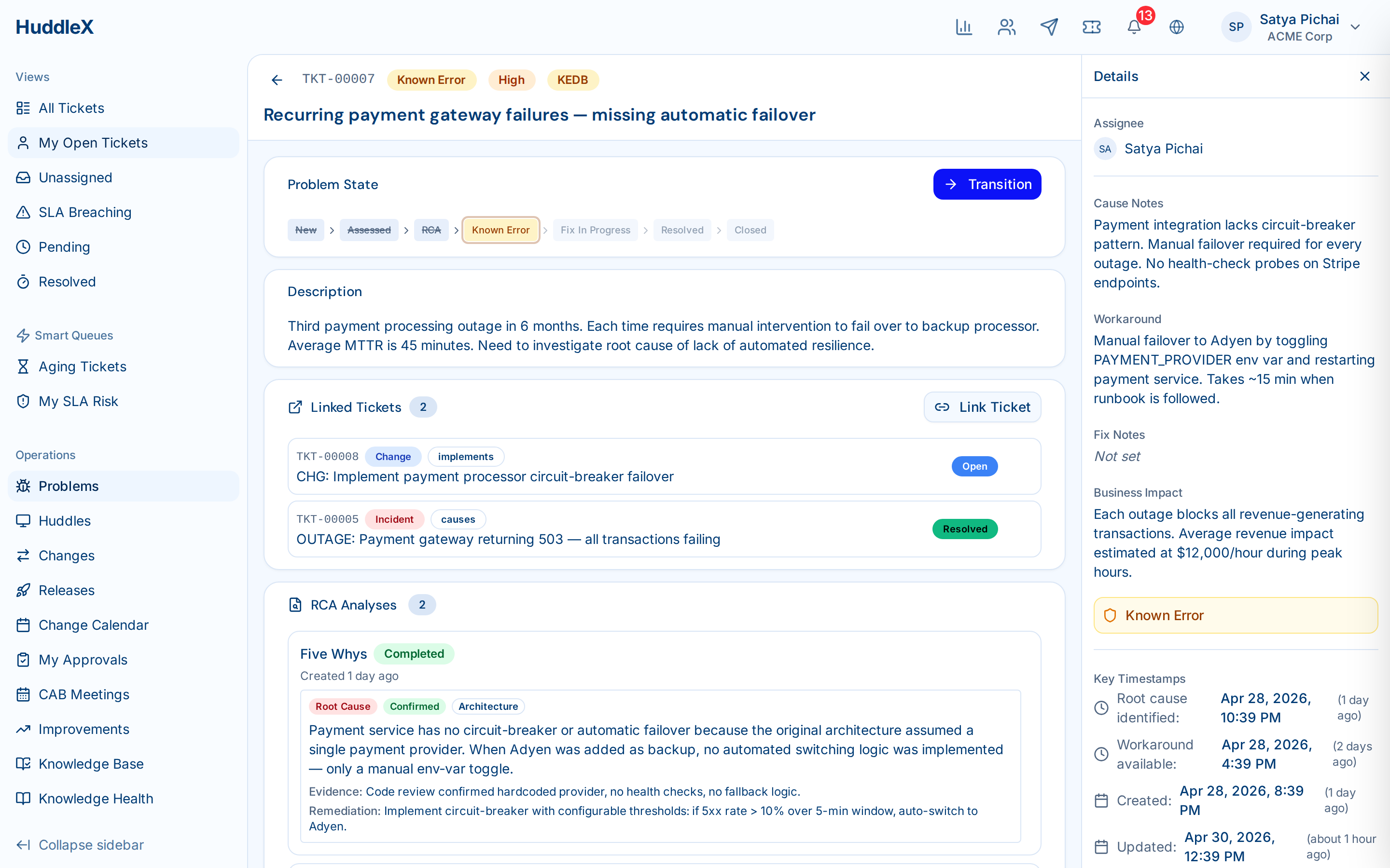 Problem management with linked incidents and RCA — Problem detail