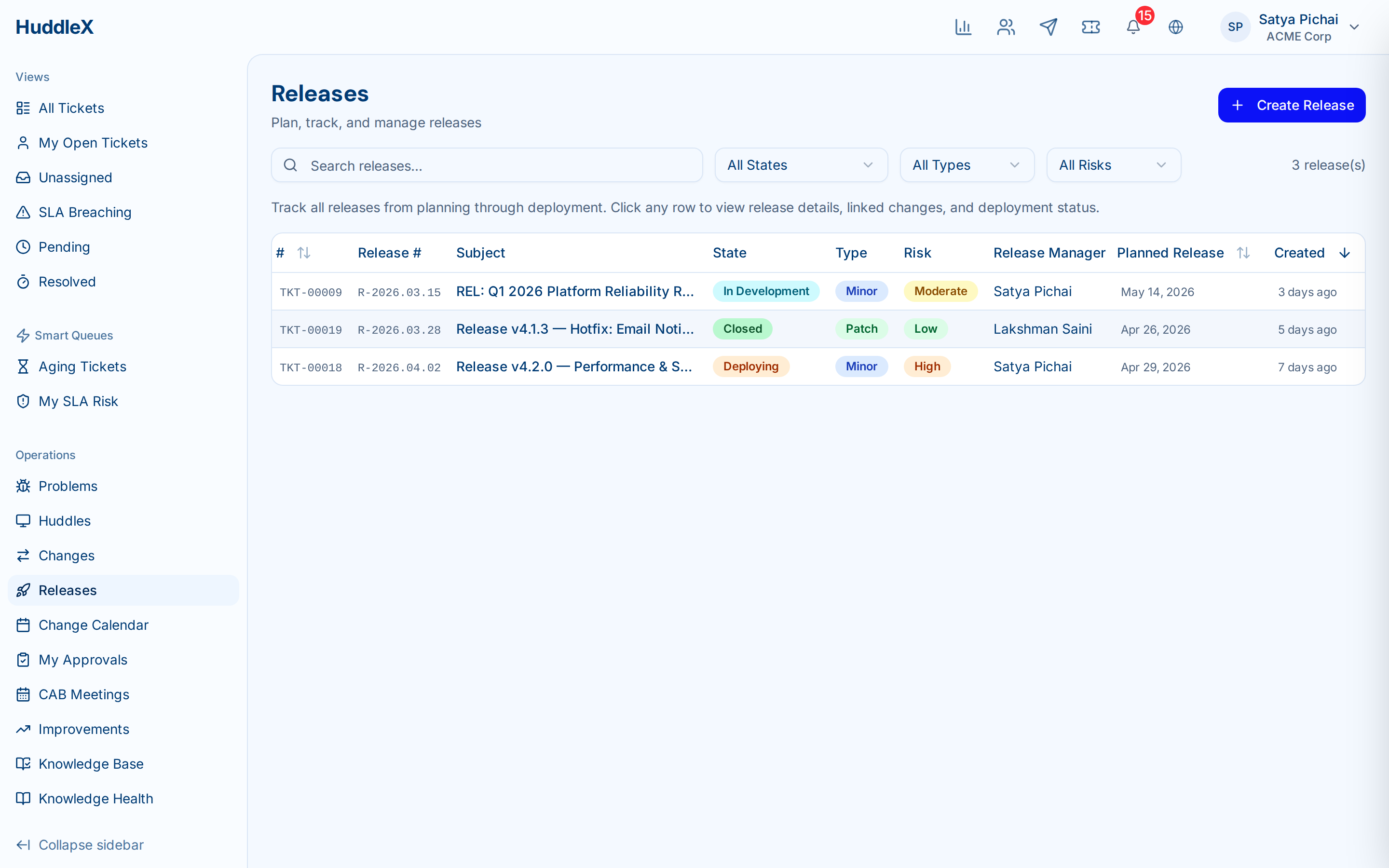 Release management with phases and deployment tracking — Release list