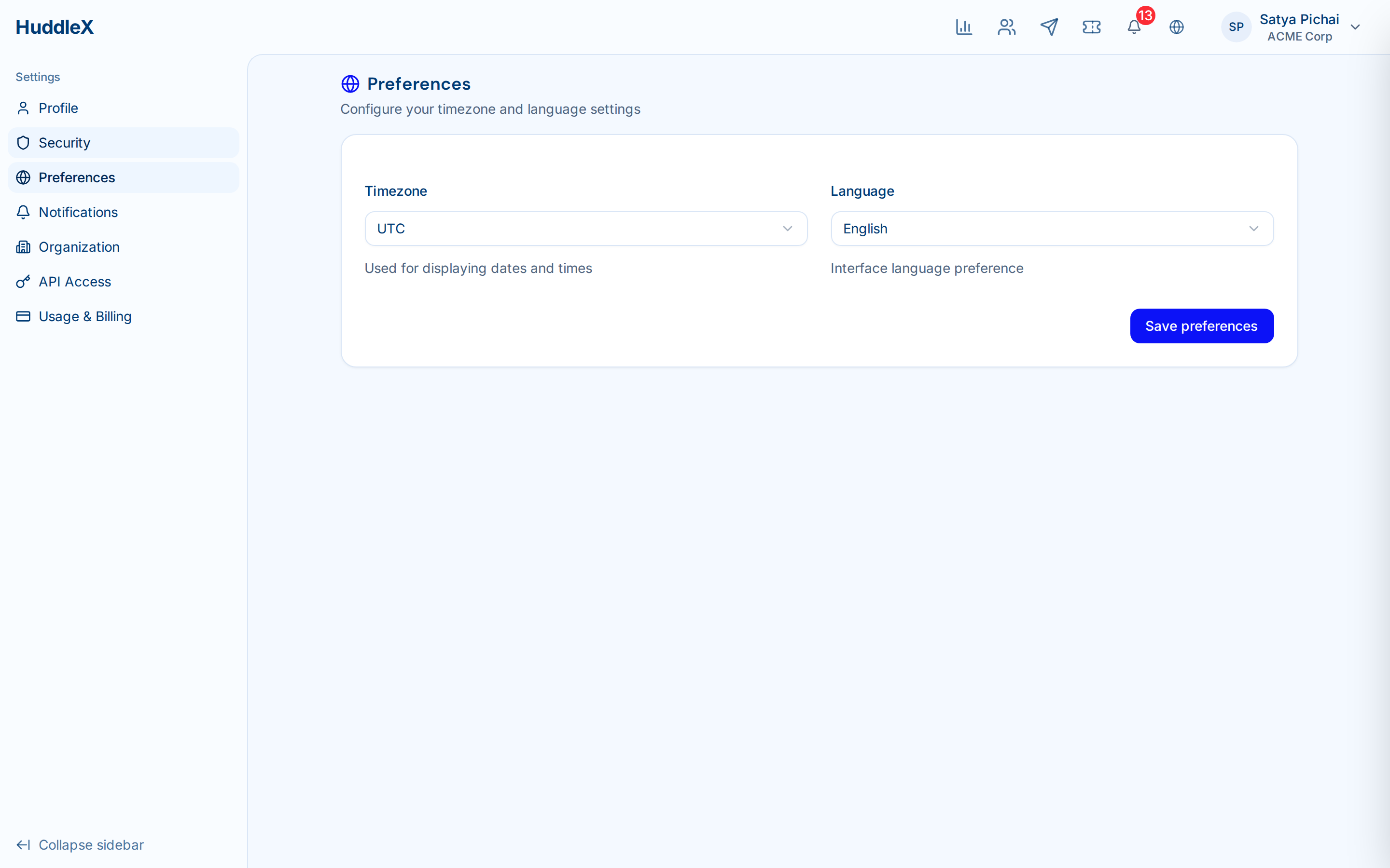 User settings with profile and security options — Preferences