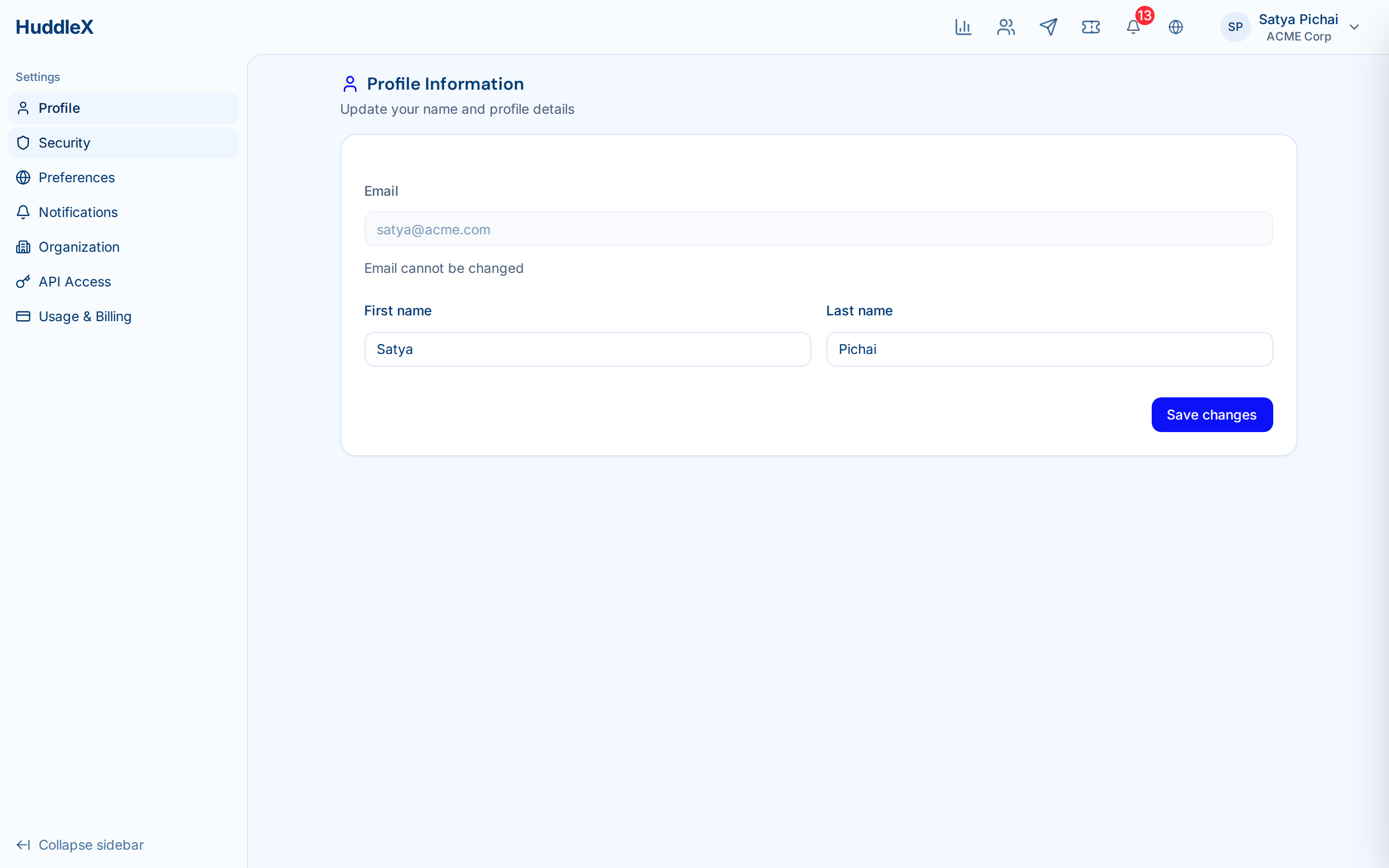 User settings with profile and security options — Profile settings