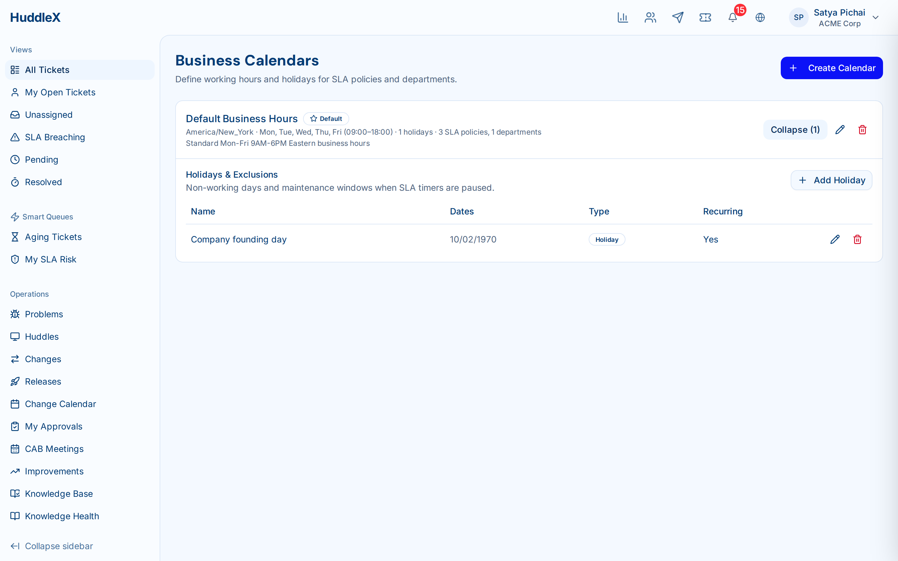 SLA policy configuration with business calendar — Business calendars