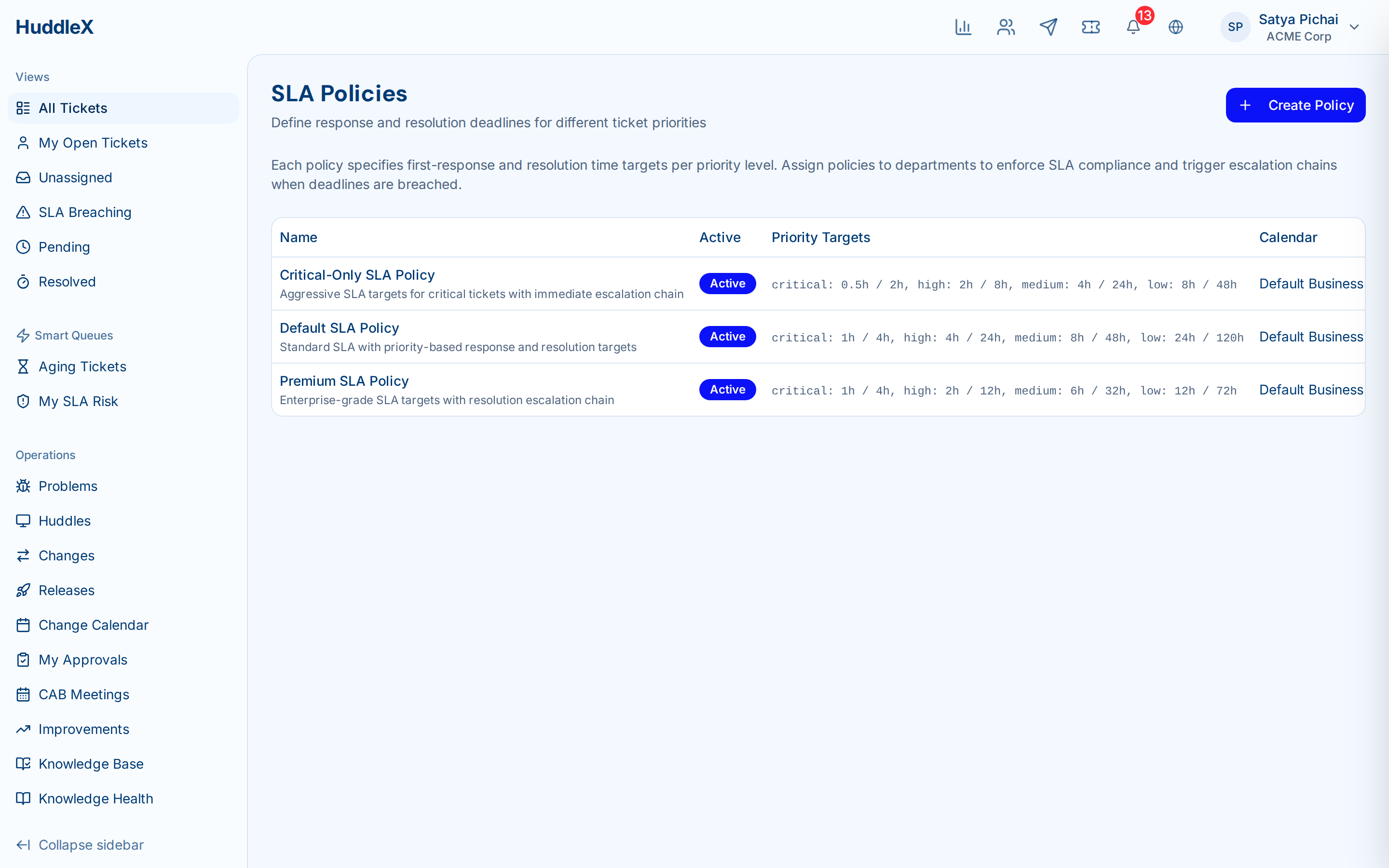 SLA policy configuration with business calendar — SLA policies
