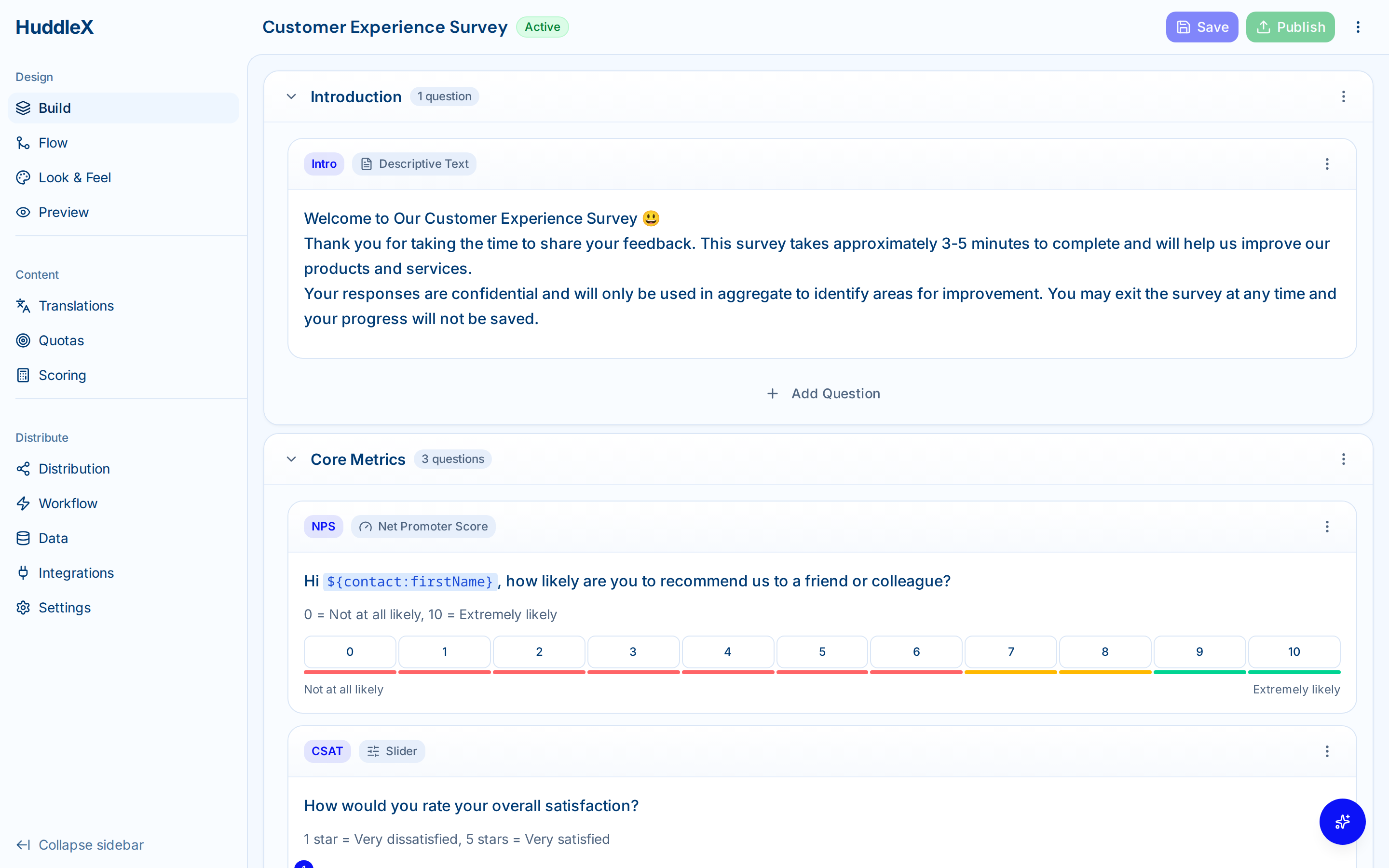 Survey builder interface with question types and logic