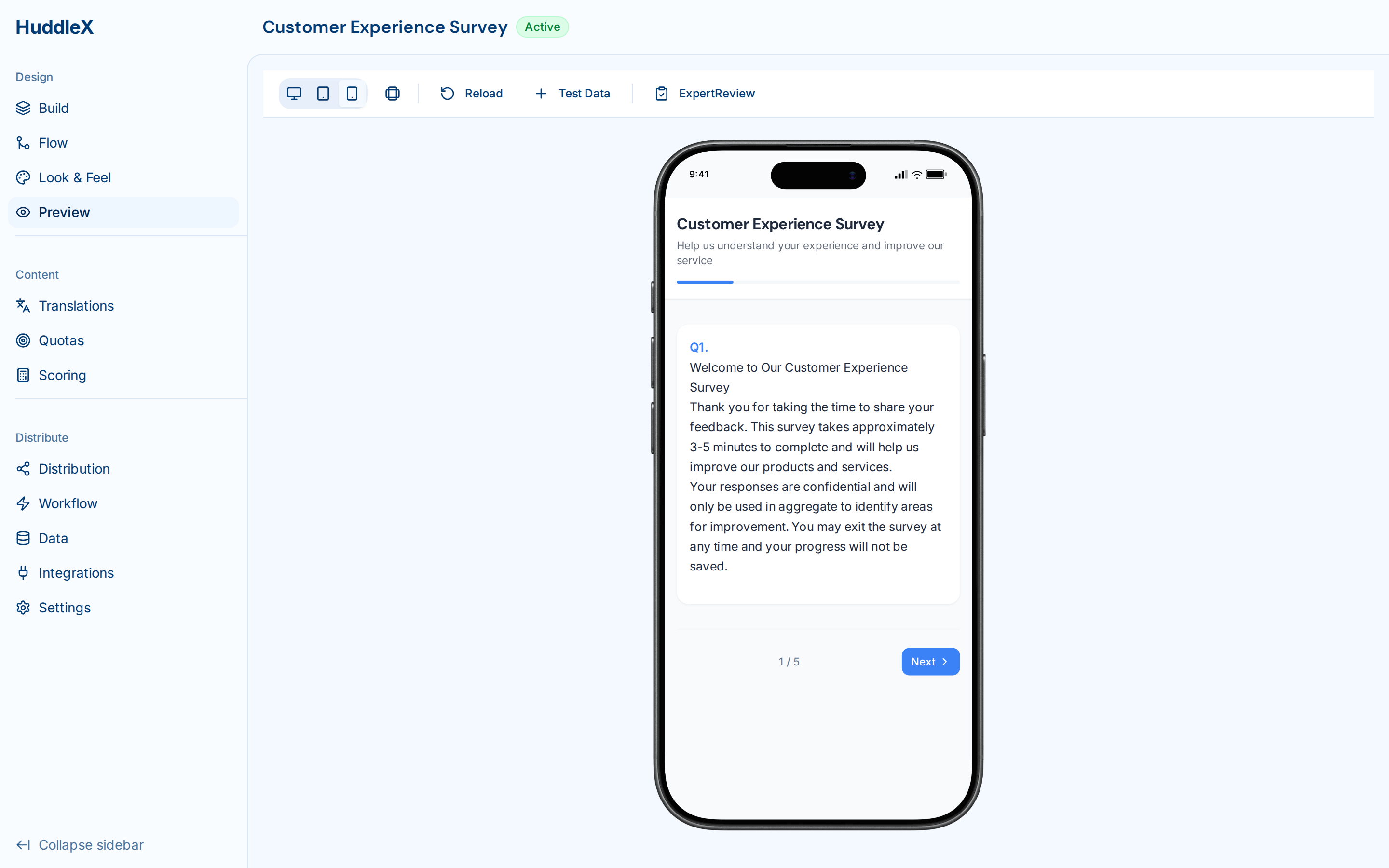 Survey builder with question types and logic — Mobile preview