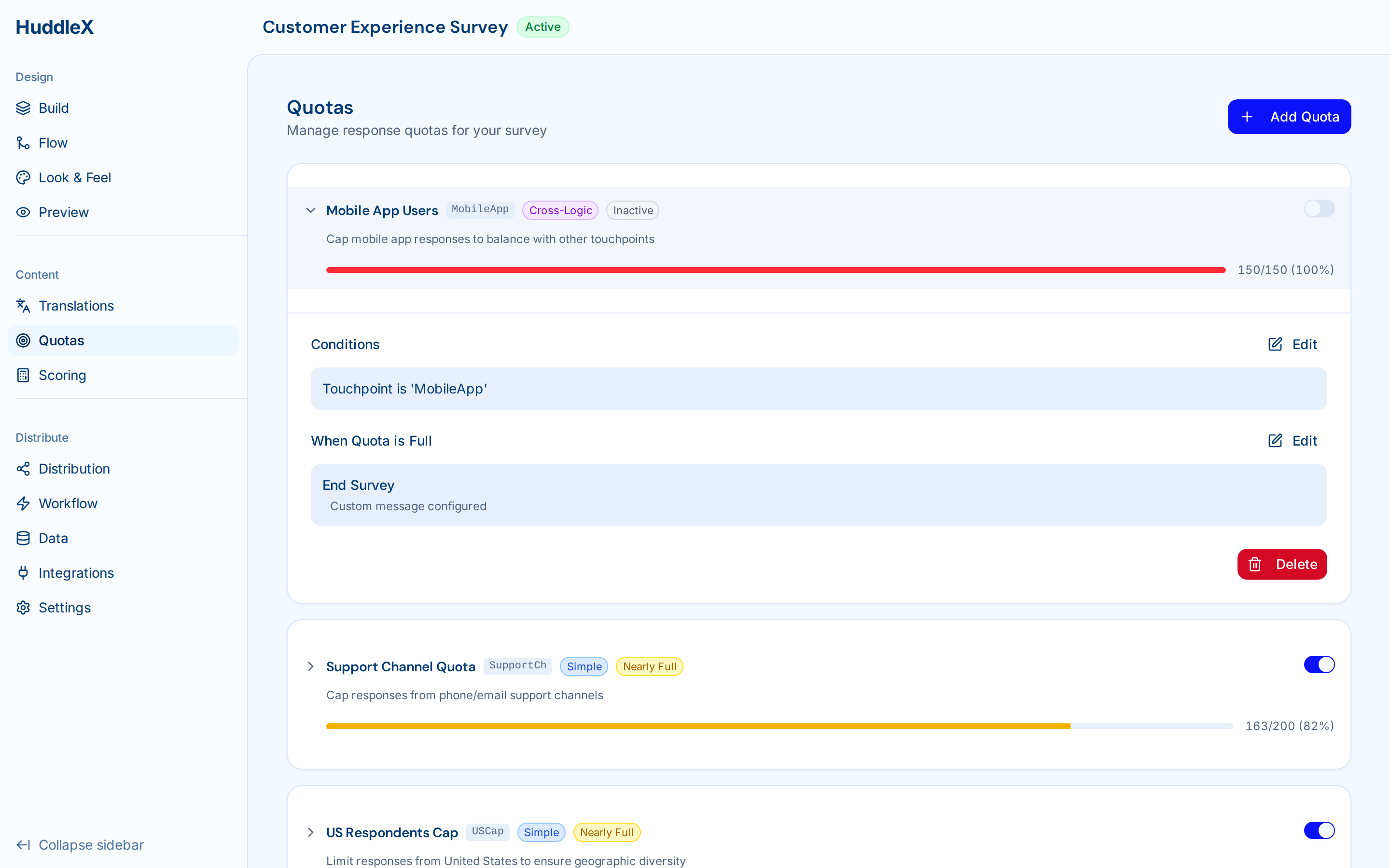 Survey builder with question types and logic — Quota management