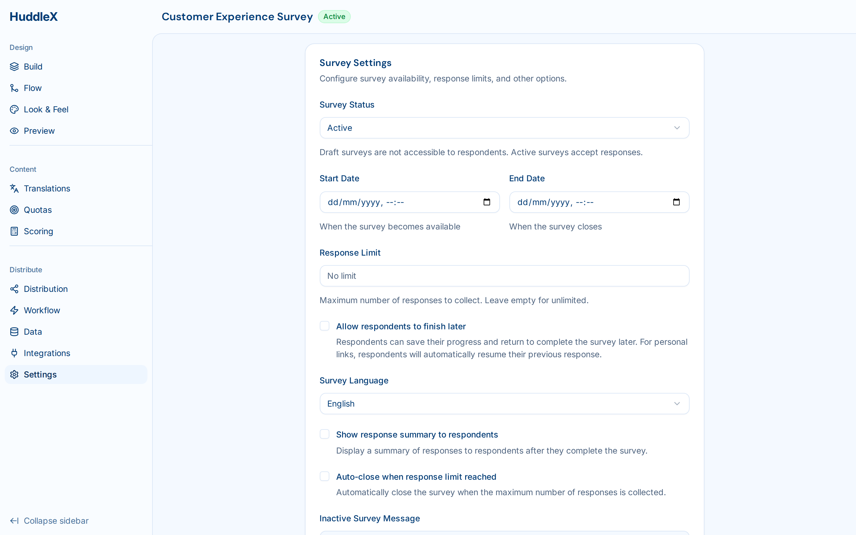 Survey builder with question types and logic — Survey settings