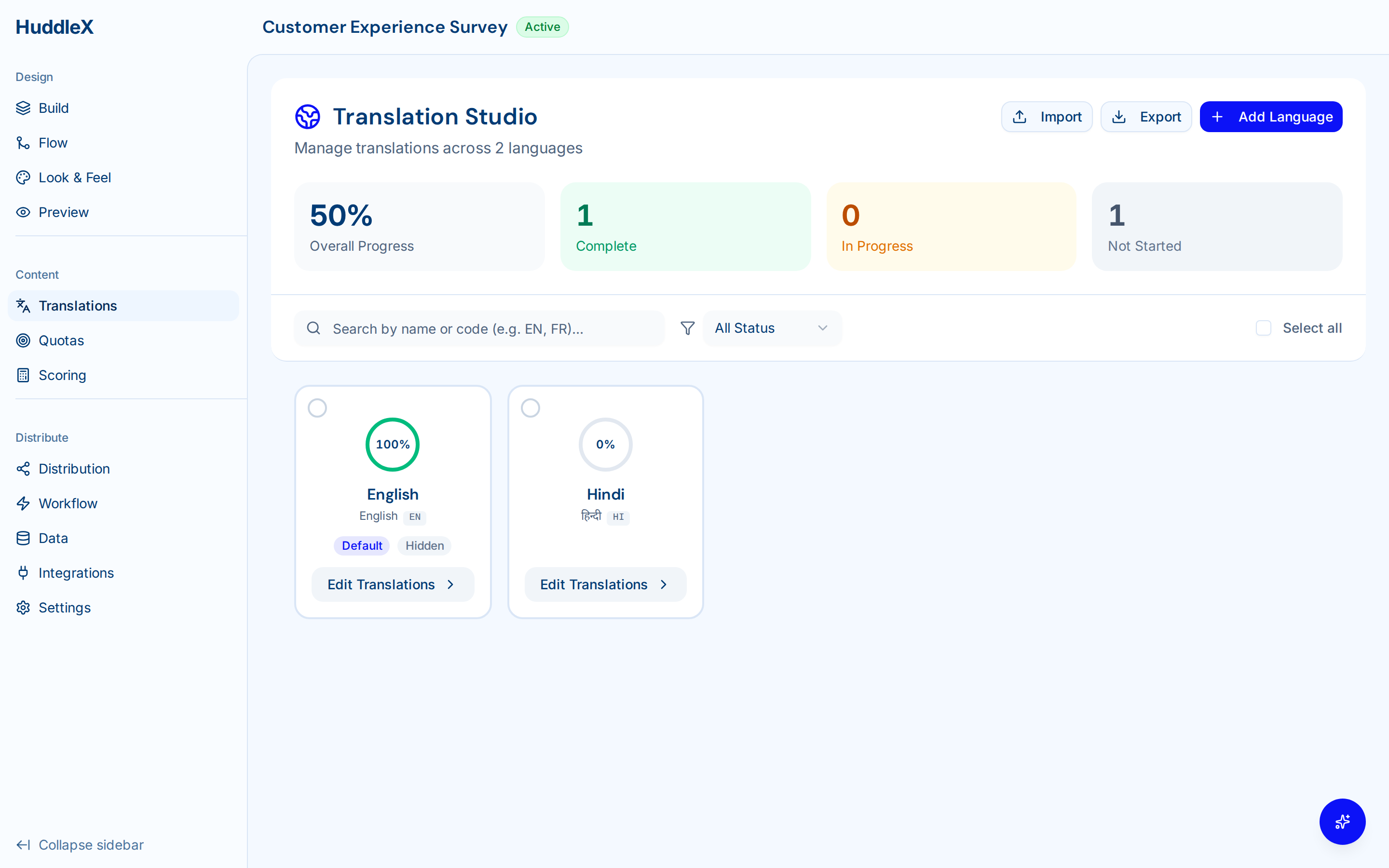 Survey builder with question types and logic — Multi-language translations