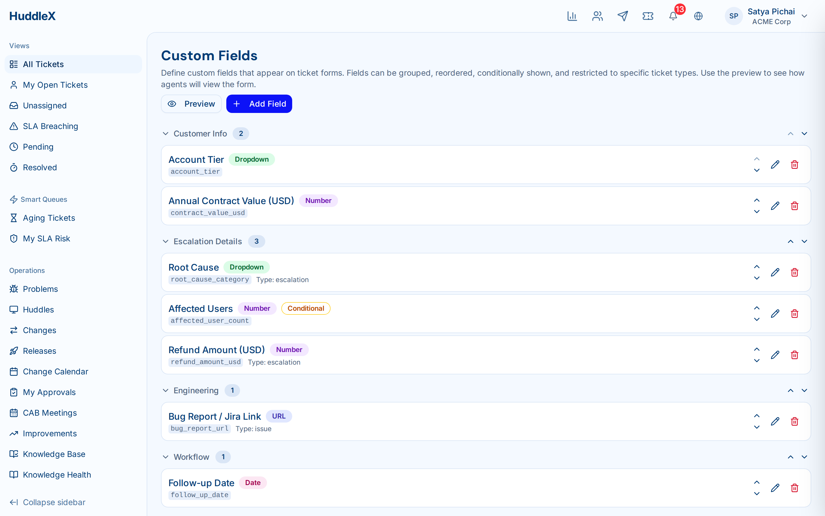 Ticket management dashboard with filters and status views — Custom fields