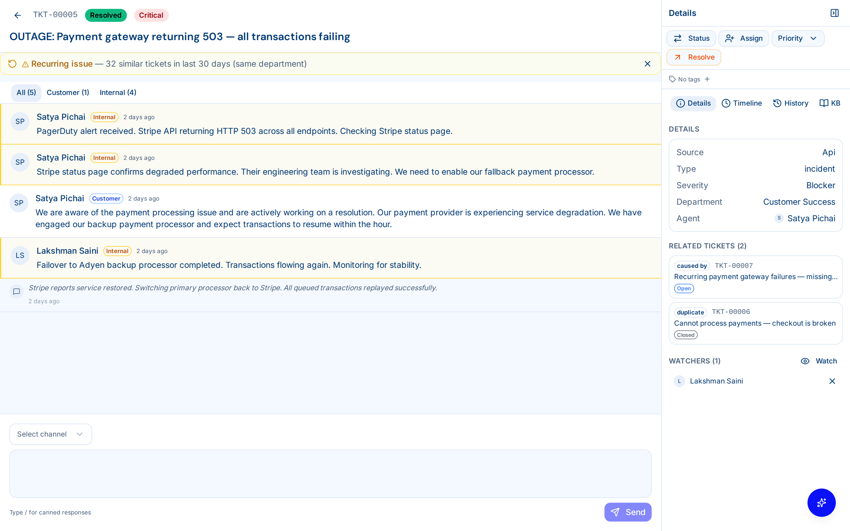 Ticket management dashboard with filters and status views — Ticket detail
